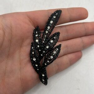 St John Brooch Pin Black Jewels Metal Jewelry Collectible Leaves Floral Unique